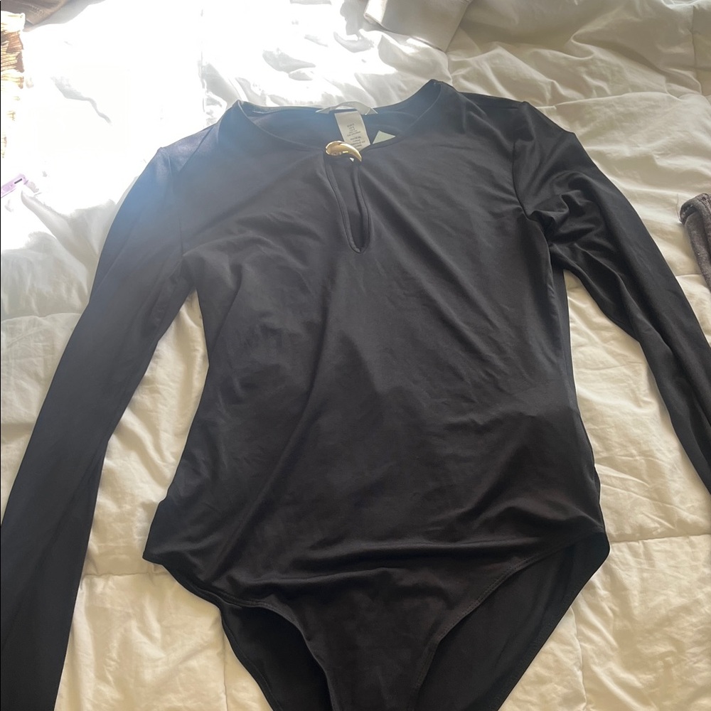 H&M Black Long Sleeve Bodysuit with Gold Accent